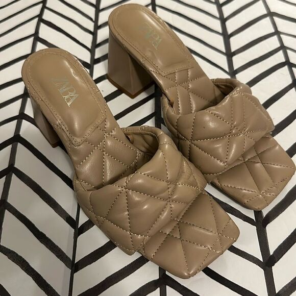 Zara Size 37 Quilted Leather Nude Square Toe Block Heel - Picture 1 of 4